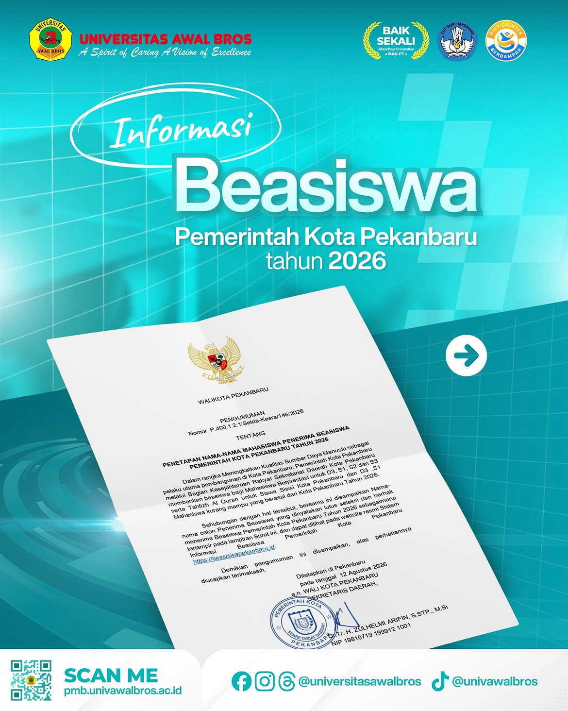 Informasi Penerima Beasiswa Pemerintah Kota Pekanbaru tahun 2026 Universitas Awal Bros